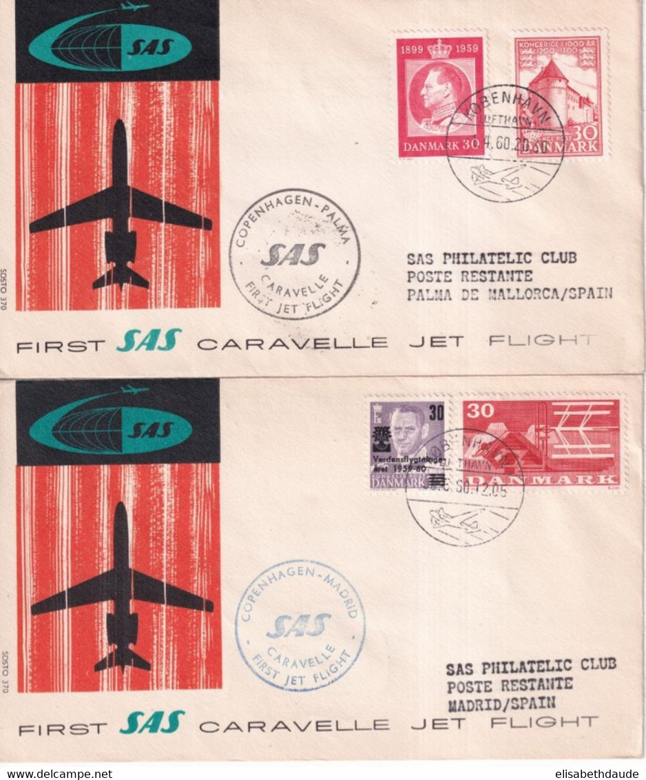 1960 - SAS / DANEMARK - 2 ENVELOPPES 1° VOL COPENHAGUE => ESPAGNE (PALMA Et MADRID) - Aéreo