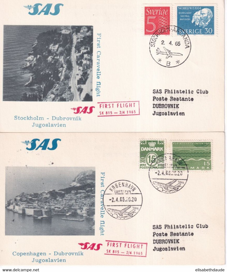 1965 - SAS / DANEMARK / SUEDE - 2 CARTES ILLUSTREES 1° VOL COPENHAGUE Et STOCKHOLM => DUBROVNIK (YOUGOSLAVIE) - Posta Aerea