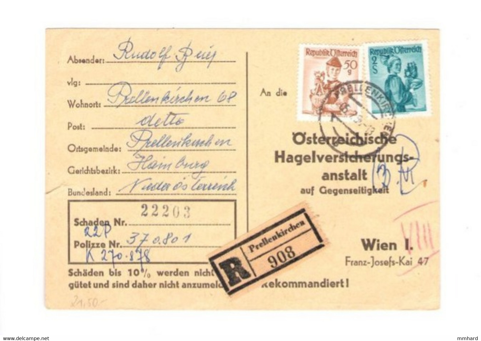 Reko Postkarte Einschreiben Prellenkirchen 908 Österreich D. Versicherungsanstalt - Cartas & Documentos