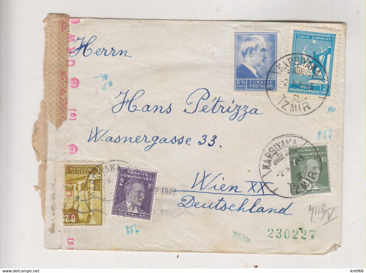 TURKEY 1943 KARSIYAKA Censored Cover To GERMANY AUSTRIA - Cartas & Documentos