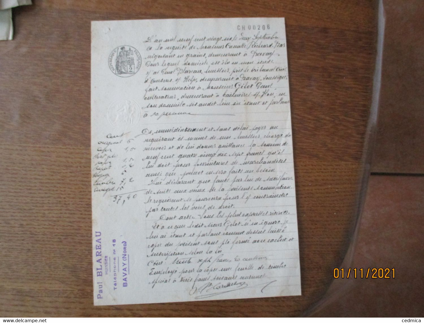 2 SEPTEMBRE 1926 A LA REQUÊTE DE M. CAMILLE BAS NEGOCIENT EN GRAINS A BAVAY J'AI PAUL BLAIREAU HUISSIER TIMBRES DIMENSIO - Manuscripts