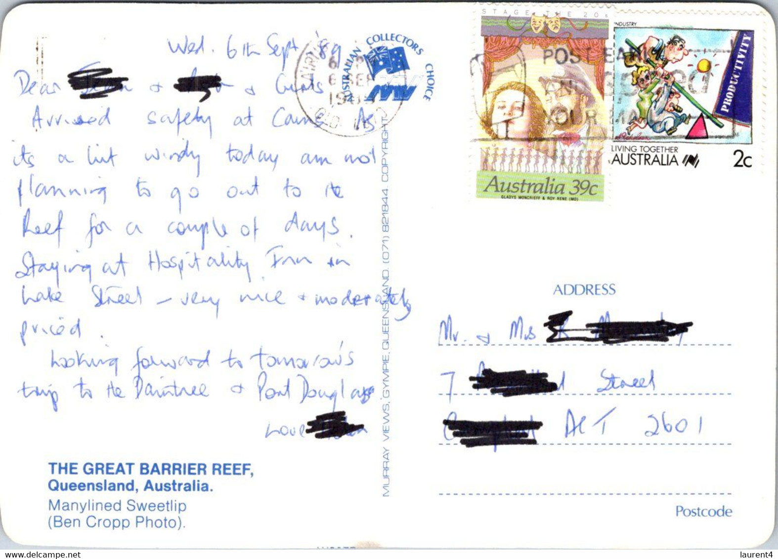 (1 B 29)  Australia - QLD - Great Barrier Reef  (posted 1988 ? With 2 Stamps) - Great Barrier Reef