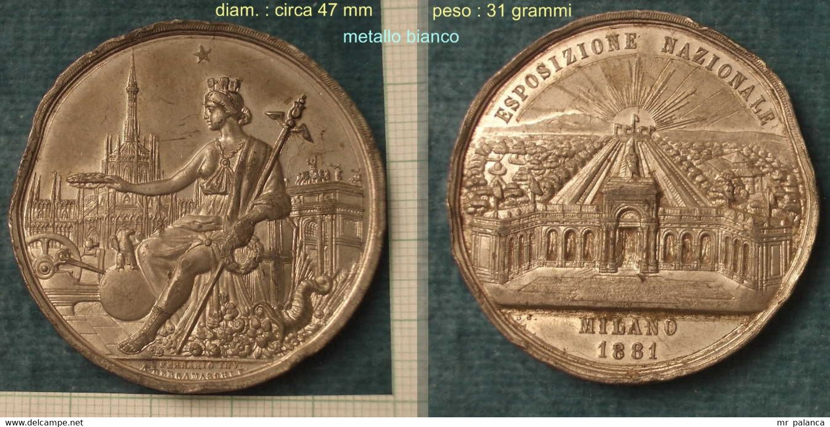 M_p> Medaglia " ESPOSIZIONE NAZIONALE MILANO 1881 " - Metallo Bianco - Diam. 47 Mm Peso 31 Grammi - Professionnels/De Société