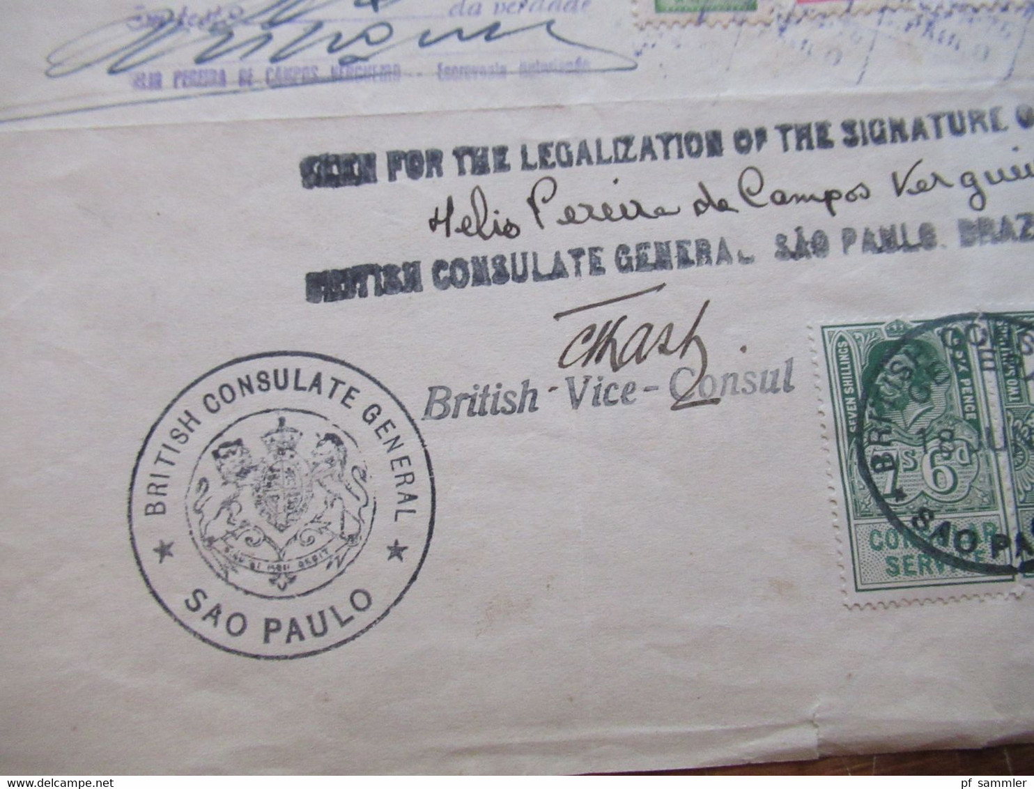 1948 Dokument mit Fiskalmarken / Revenues Brasilien und Consular Service GB / British Consulate General Sao Paulo