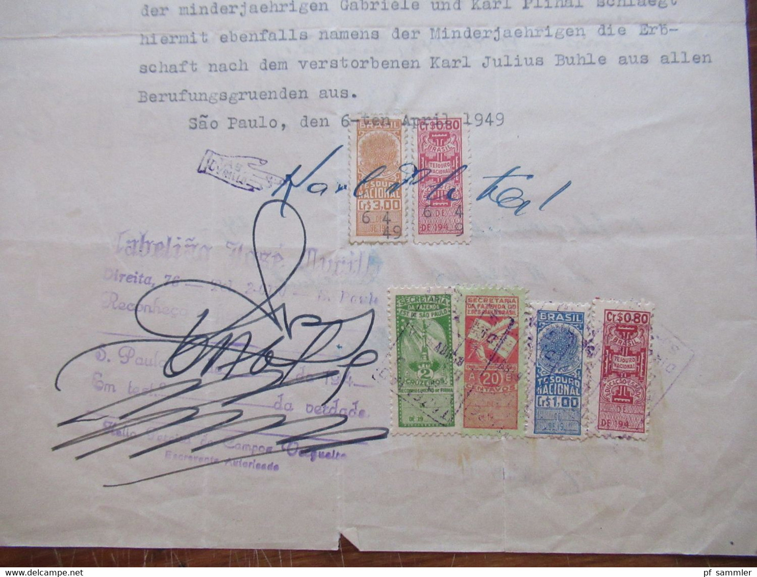 1949 Dokument Mit Fiskalmarken / Revenues Brasilien Sao Paulo / Mönchengladbach Notar Erbausschlagung - Cartas & Documentos