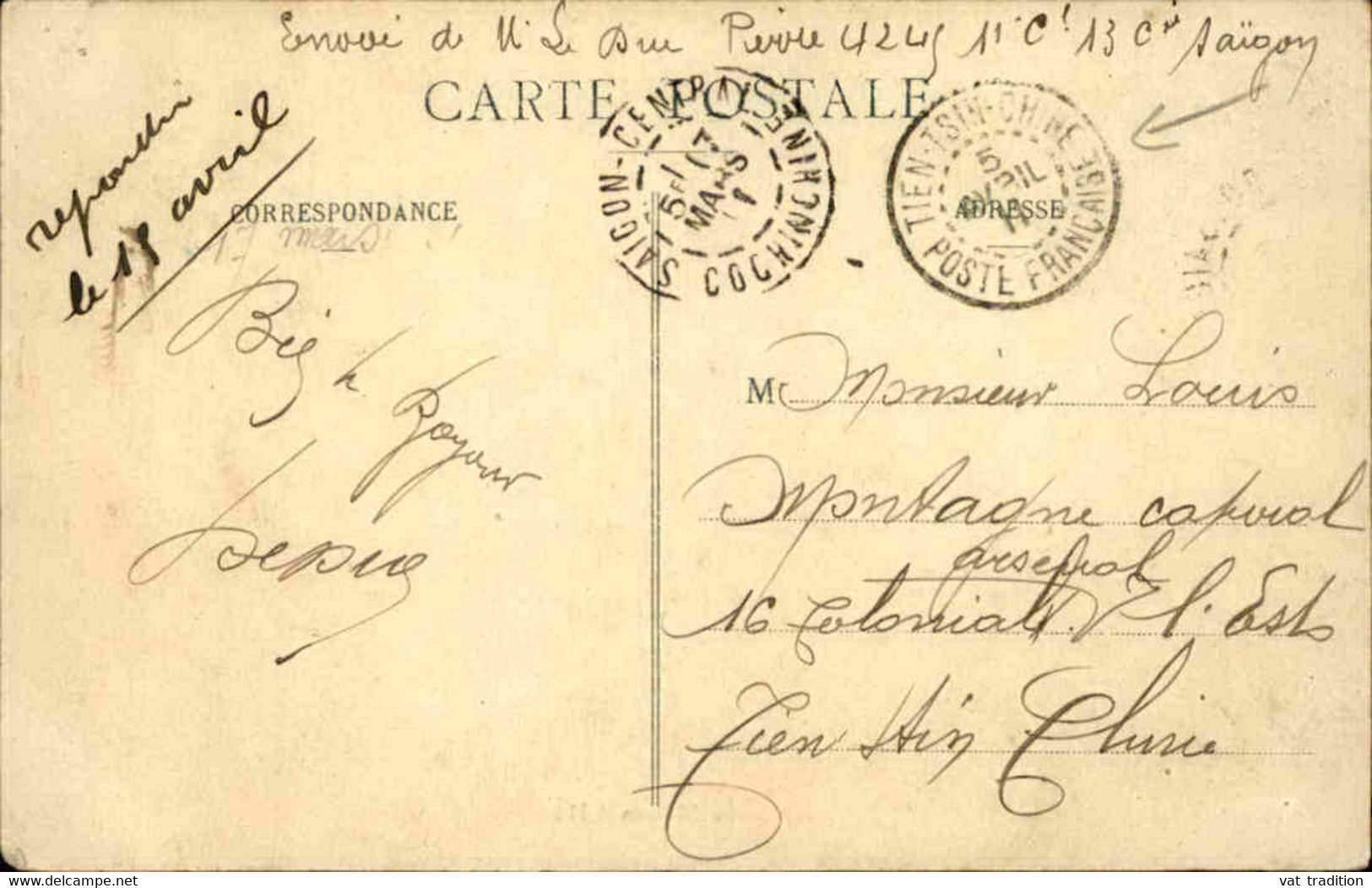 CHINE - Cachet D'arrivée De Tien Tsin Poste Française Au Verso D'une Carte Postale De Saïgon En 1911 - L 109941 - Storia Postale