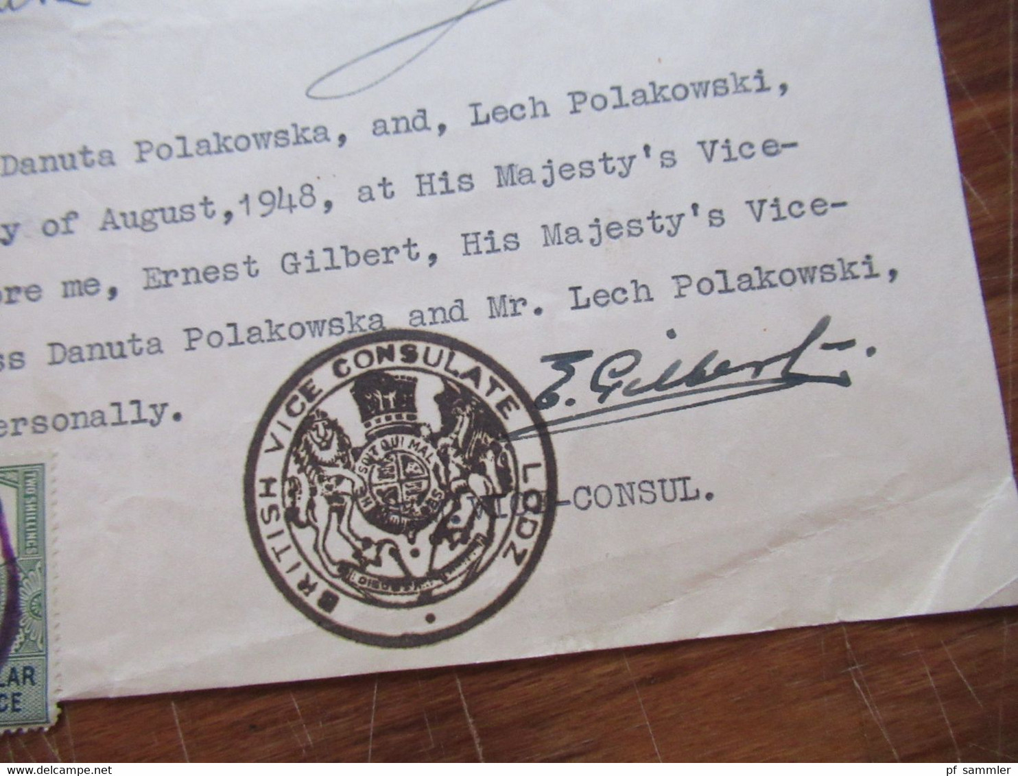 1948 Dokument mit Fiskalmarken / Revenues Consular Service British Vice Consulate Lodz Erbausschlagung