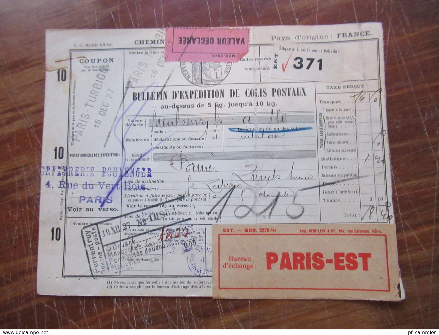 Frankreich 1927 Auslandspaketkarte Colis Postaux In Die Schweiz Valeur Declaree / Paris - Est Mit Vielen Stempeln!! - Brieven En Documenten