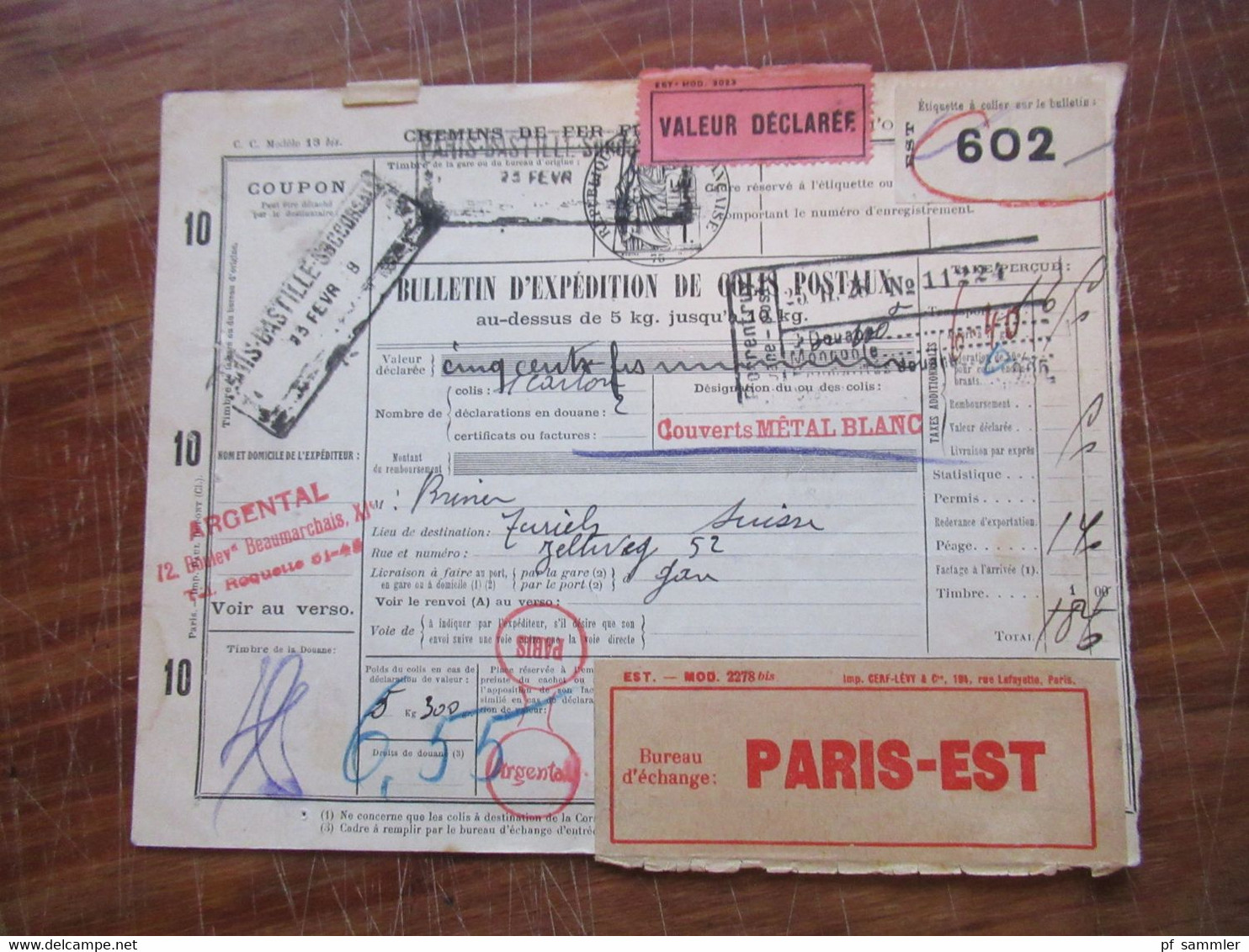 Frankreich 1927 Auslandspaketkarte Colis Postaux In Die Schweiz Valeur Declaree / Paris - Est Mit Vielen Stempeln!! - Cartas & Documentos