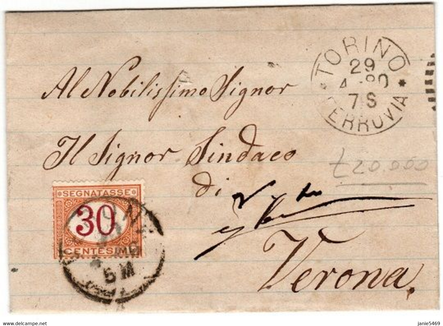 Italy  1880  Taxed Cover From Torino To Verona - Portomarken