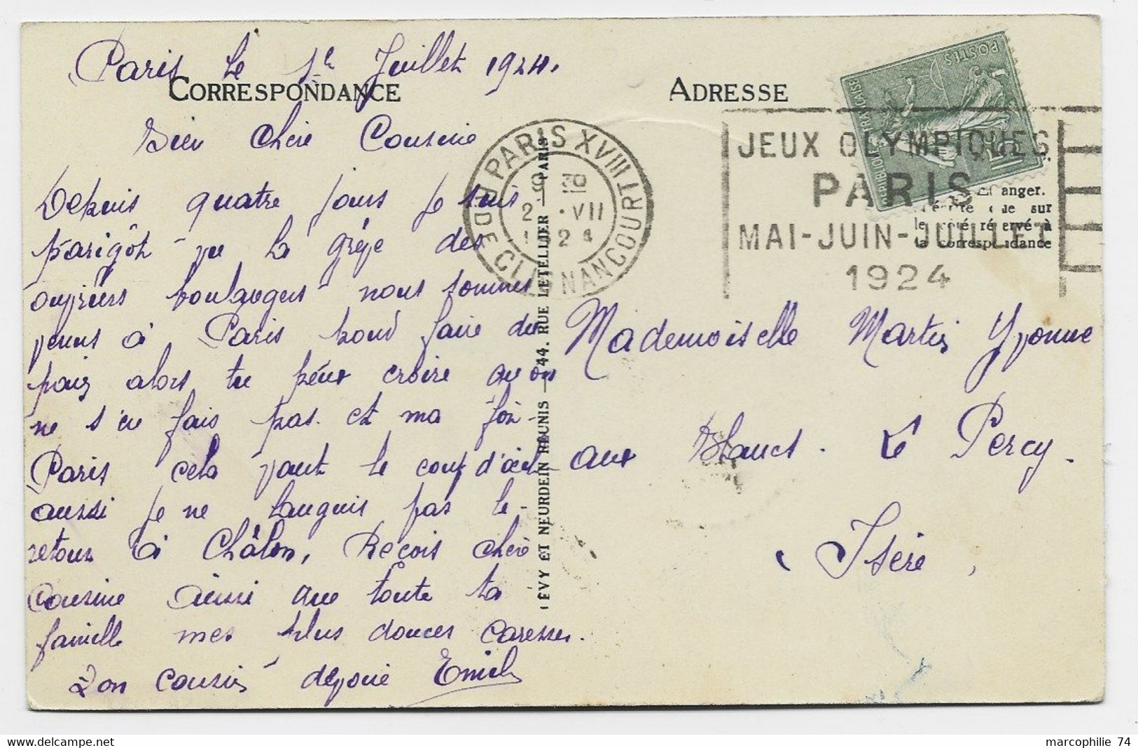 FRANCE SEMEUSE 15C CARTE MEC FLIER JEUX OLYMPIQUES PARIS 1924 PARIS XVIII 2.VII.1924 R DE CLIGNANCOURT - Ete 1924: Paris