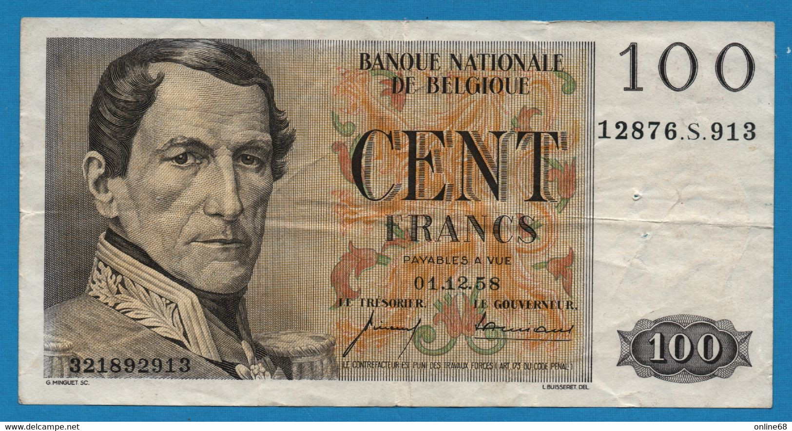 BELGIQUE 100 FRANCS 01.12.1958 # 12876.S.913 P# 129c Leopold I - 100 Francs