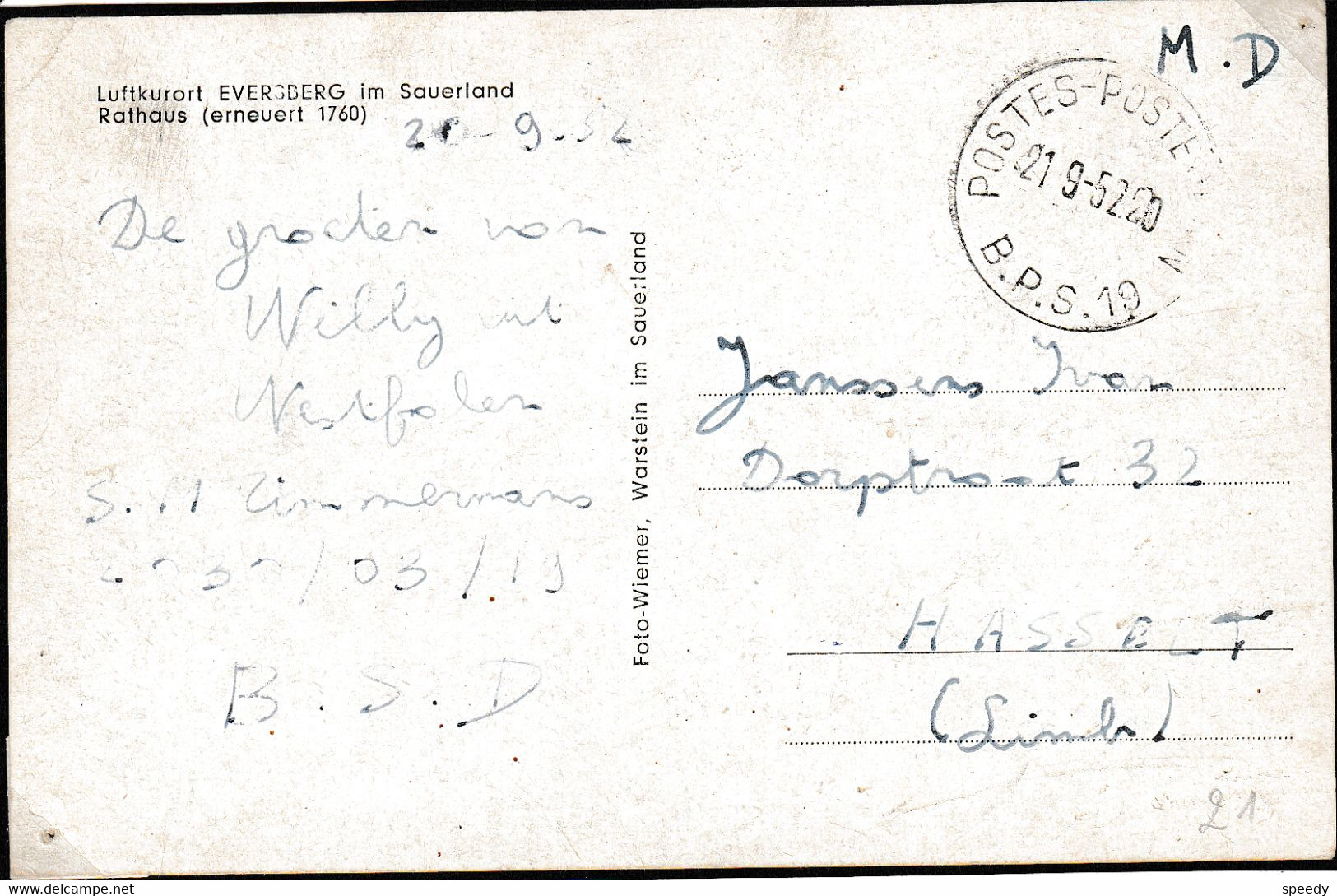 BZLGIË : MANEUVERS 1952 (HOLDFAST) ZK (Eversberg) "MD"  " B. P. S. 19 / 21.5.52" (adres : 2030/03/19) - Marcas De La Armada