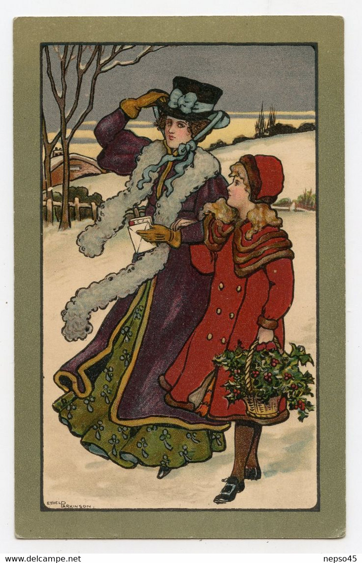 Illustrateur Vienne,Ethel Parkinson,scène Hivernale. Femme Avec Son Enfant Dans La Neige - Vienne