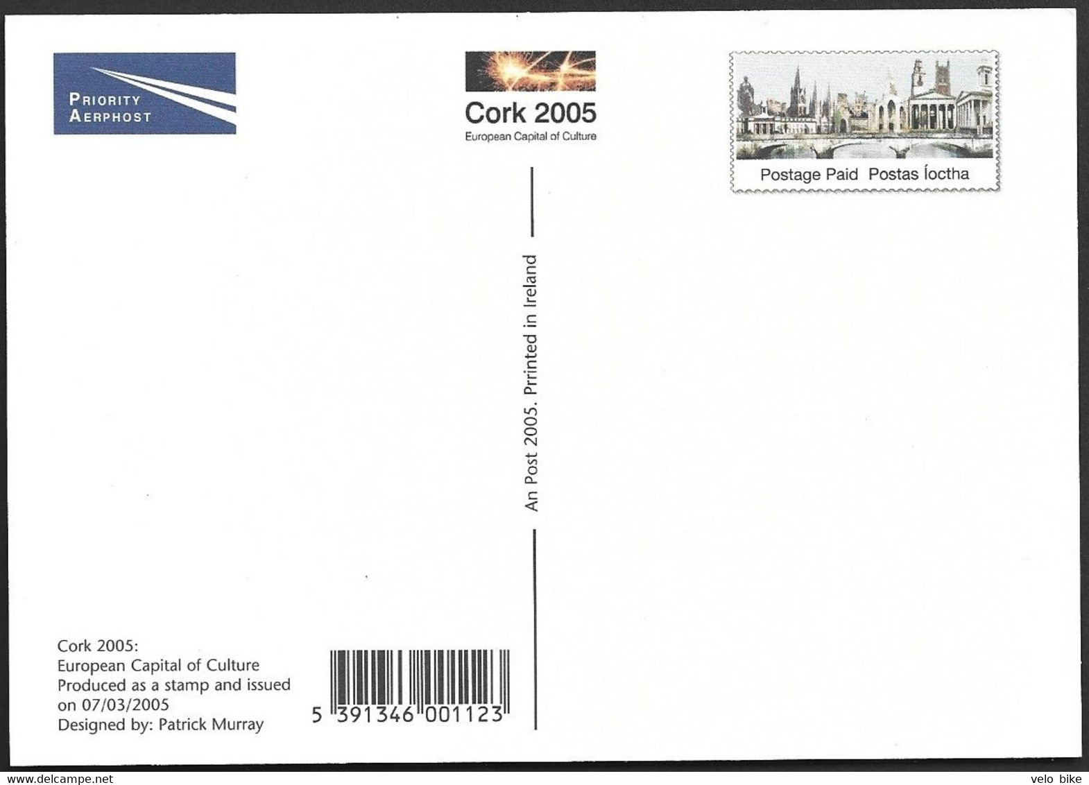 Eire Ireland Postal Stationery Postage Paid Cork 2005 Art Statue Bridge Church Capitol Of Culture Prioritaire Airmail - Postwaardestukken