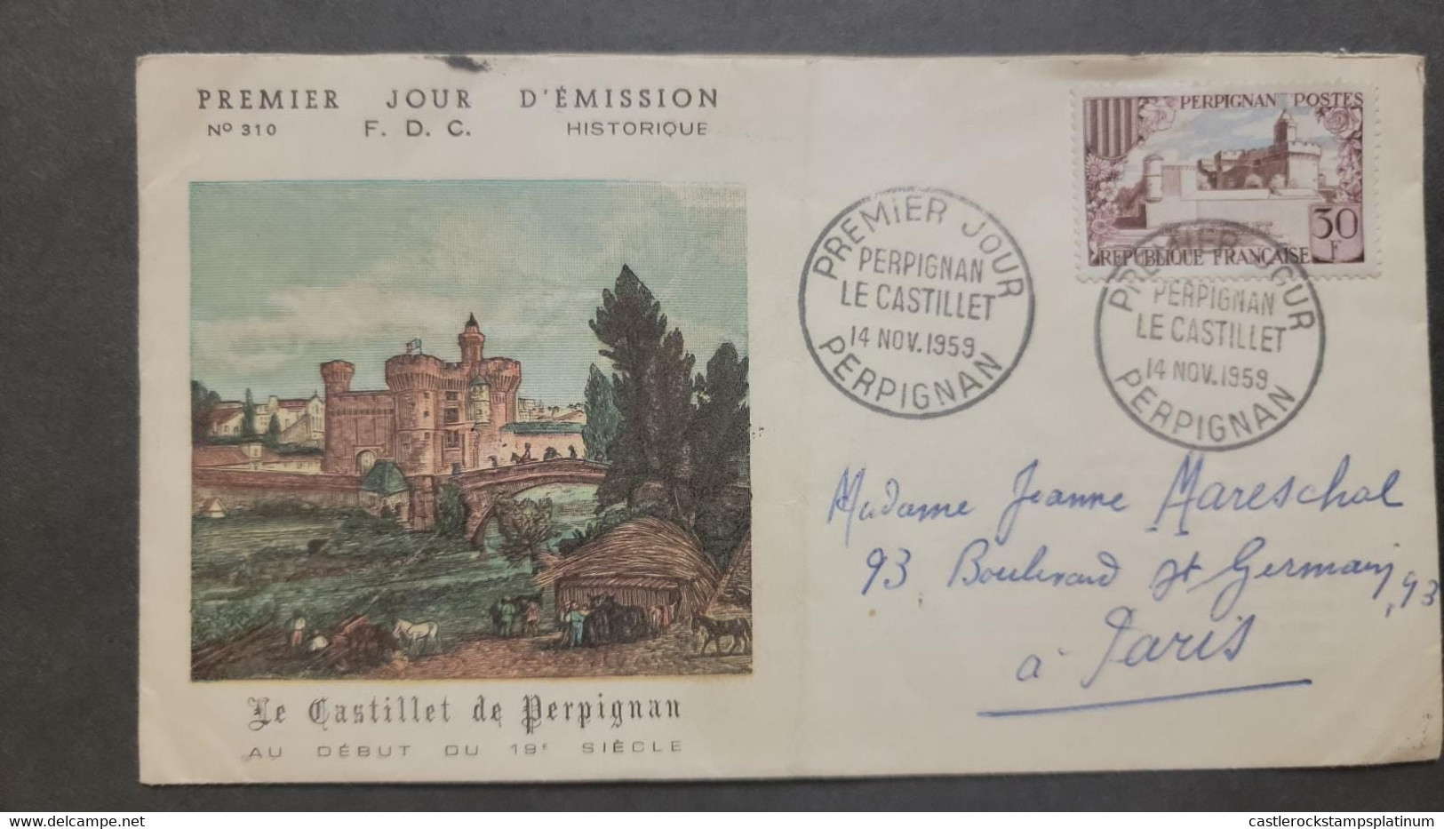 P) 1959 FRANCE, PERPIGNAN CASTLE STAMP, FDC, SHIPPER FROM GERMANY TO PARIS, WITH CANCELLATION, XF - Andere & Zonder Classificatie