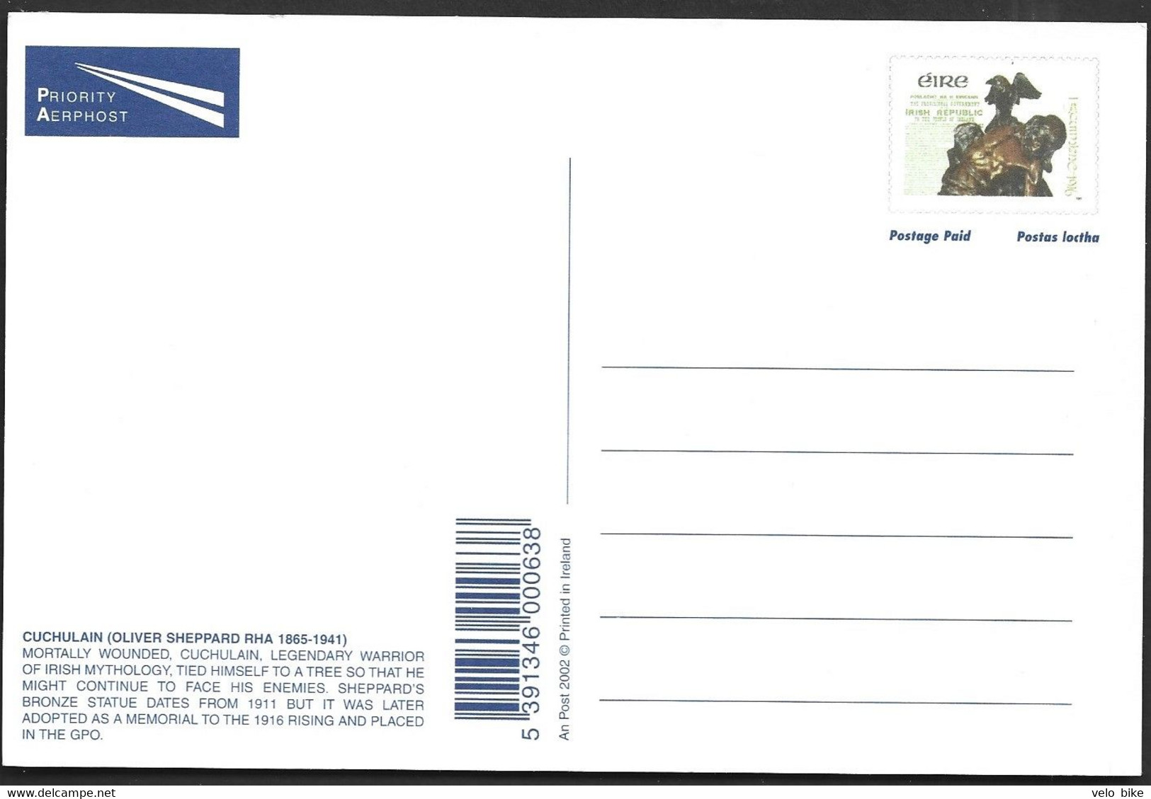 Eire Ireland Postal Stationery Postage Paid Art Bronze Statue Bird Cuchulain Oliver Sheppard 1916 Rising Prioritaire Air - Entiers Postaux