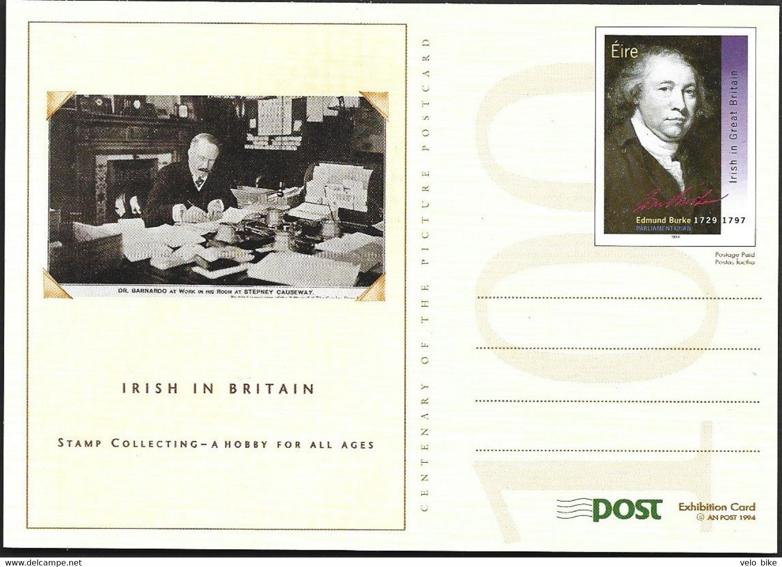 Eire Ireland Postal Stationery Postage Paid Exhibition Card Edmund Burke Parliamentarian Dr. Barnardo Philanthropist - Interi Postali