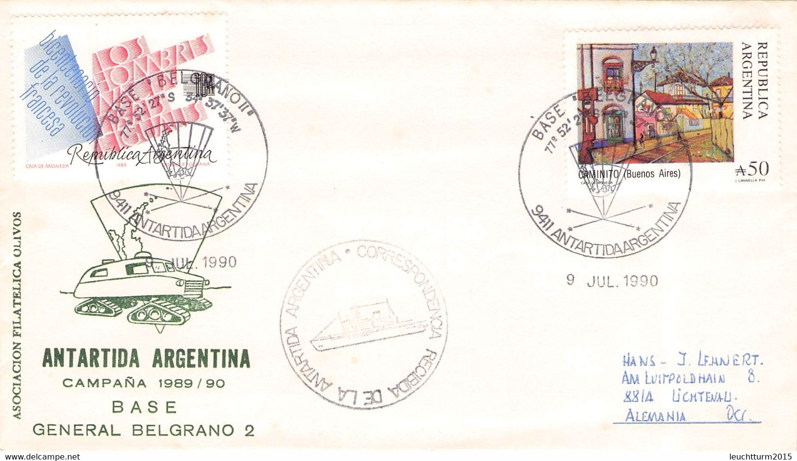 ARGENTINA - COVER 1989 BASE BELGRANO > LICHTENAU/DE Mi #1971, 1977 / YZ76 - Covers & Documents