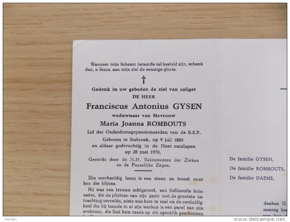 Doodsprentje Franciscus Antonius Gysen Stabroek 9/7/1885 - 28/5/1970 ( Maria Joanna Rombouts ) - Godsdienst & Esoterisme