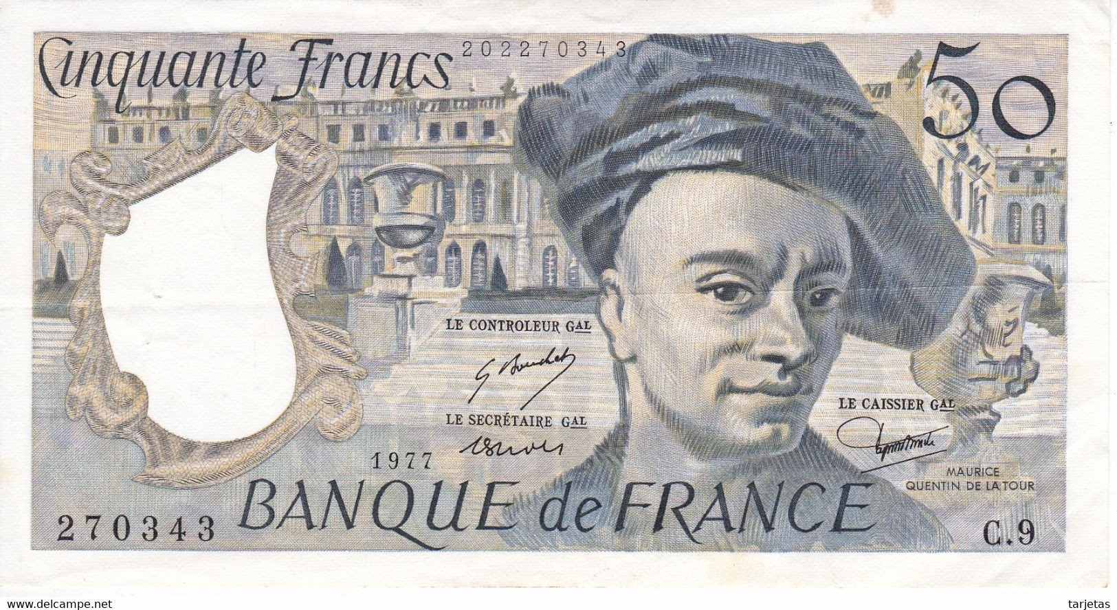 BILLETE DE FRANCIA DE 50 FRANCS DE QUENTIN DE LA TOUR DEL AÑO 1977 (BANKNOTE) - 50 F 1976-1992 ''Quentin De La Tour''