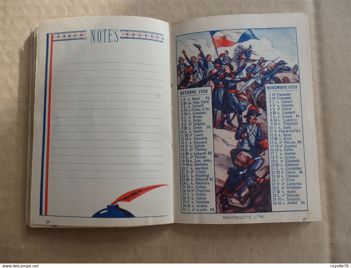 Calendrier du Soldat Français 1938 Valmy. A lire description du tableau d'honneur du soldat.