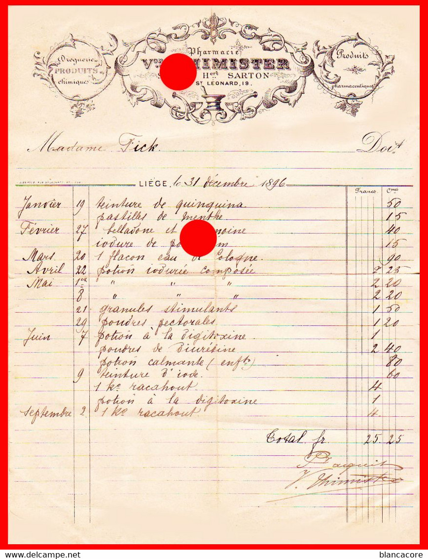 LIEGE 1896 Rue St Léonard PHARMACIE THIMISTER  Victor  Succ. Sarton - 1800 – 1899