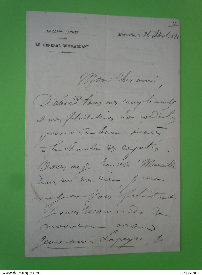 Autographe Jean Baptiste BILLOT (1828-1907) GENERAL 15° CA 1880 MARSEILLE - Other & Unclassified