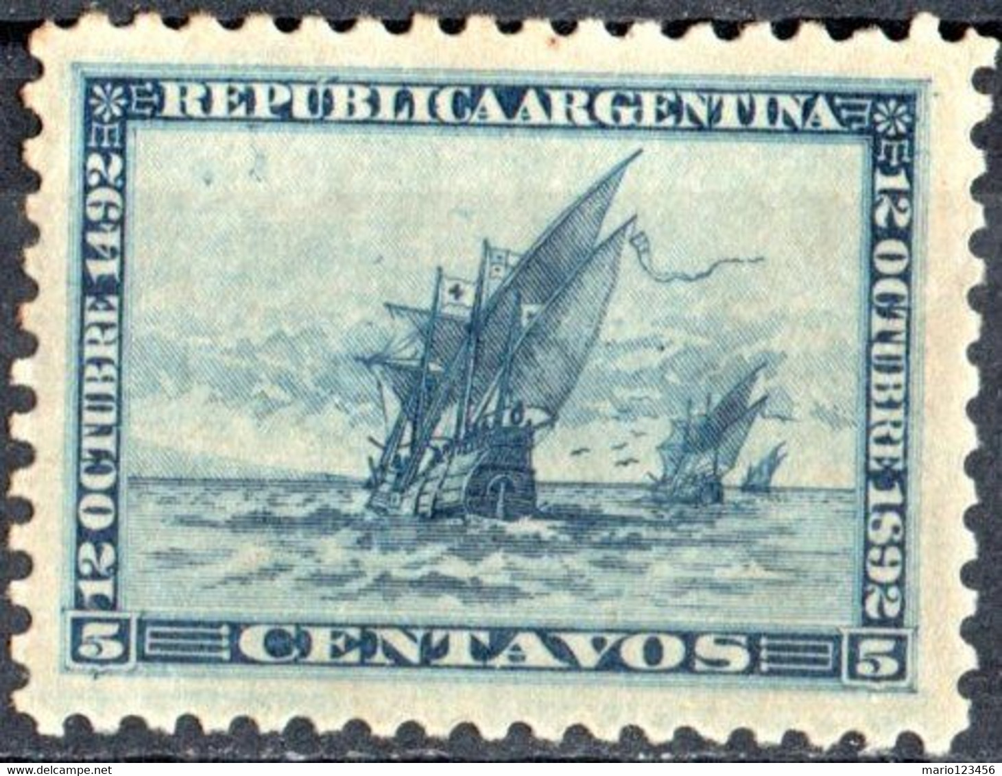 ARGENTINA, 4 CENTENARIO SCOPERTA D’AMERICA, 1892, 5,00 C., FRANCOBOLLO NUOVO (MLH*) Mi:AR 82, Scott:AR 91, Yt:AR 9 - Ongebruikt