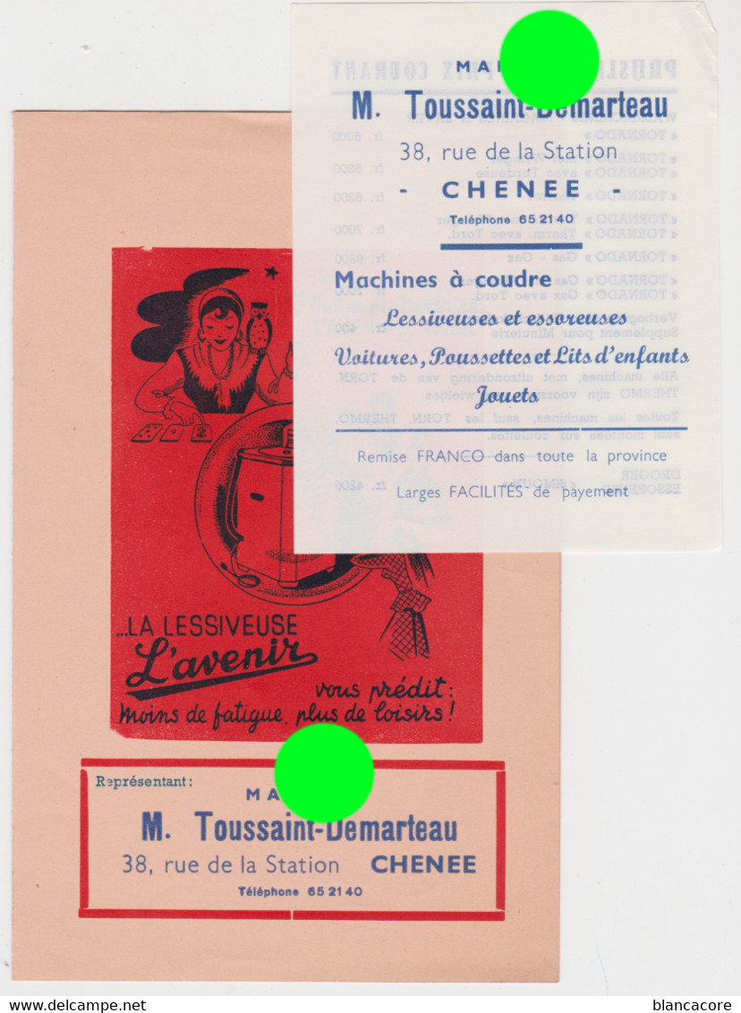 Lessive / Chênée Liège Maison Toussaint Demarteau Vers 1950 Lessiveuse L'AVENIR TORNADO Essoreuse SIMOUN - Pubblicitari