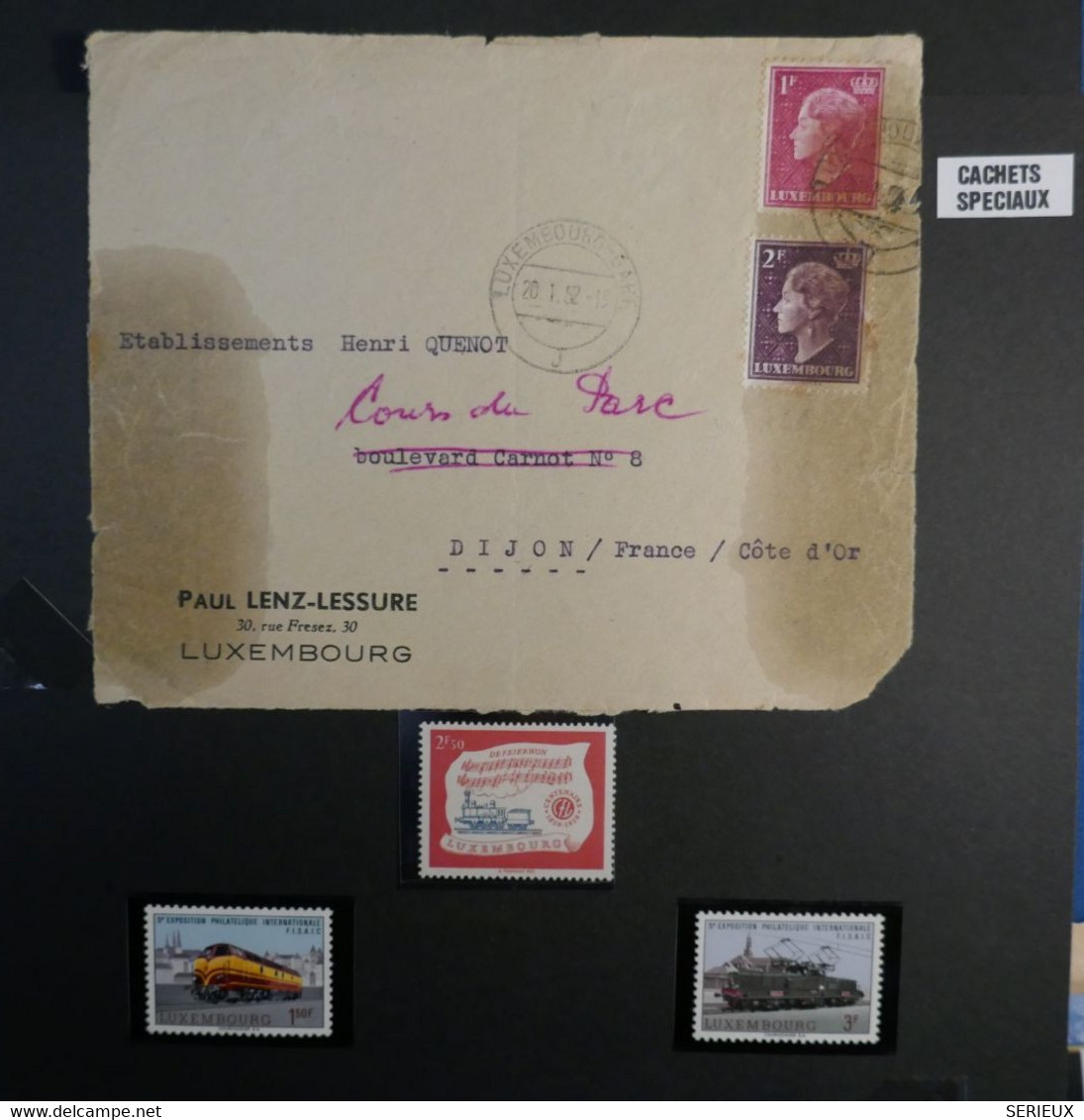 AF8 LUXEMBOURG BELLE PAGE  LETTRE DEVANT TIMBRES  1952  FERROVIAIRE  CACHET SPECIAL  POUR DIJON +++ AFFRANCH INTERESSANT - Machines à Affranchir (EMA)