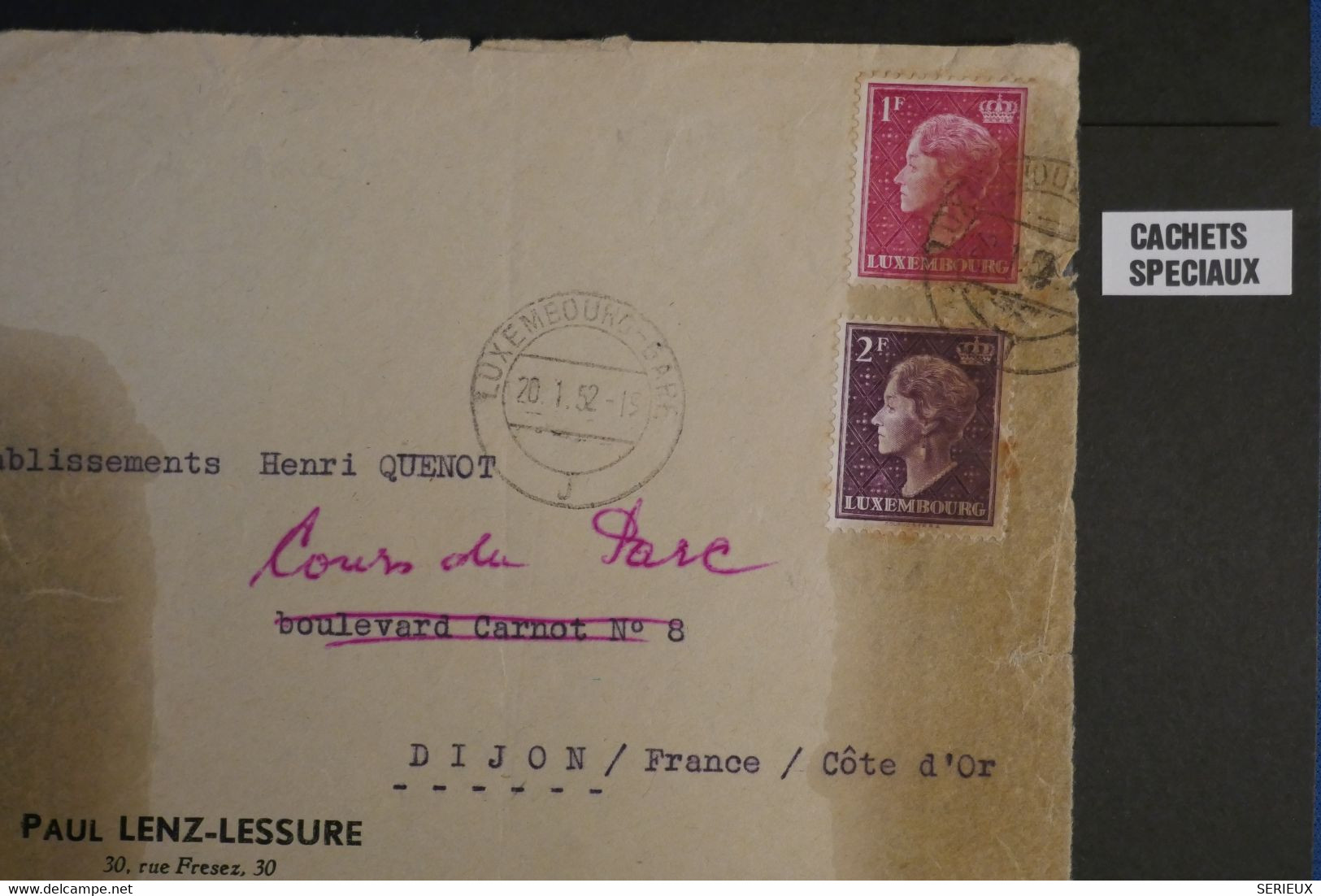 AF8 LUXEMBOURG BELLE PAGE  LETTRE DEVANT TIMBRES  1952  FERROVIAIRE  CACHET SPECIAL  POUR DIJON +++ AFFRANCH INTERESSANT - Machines à Affranchir (EMA)