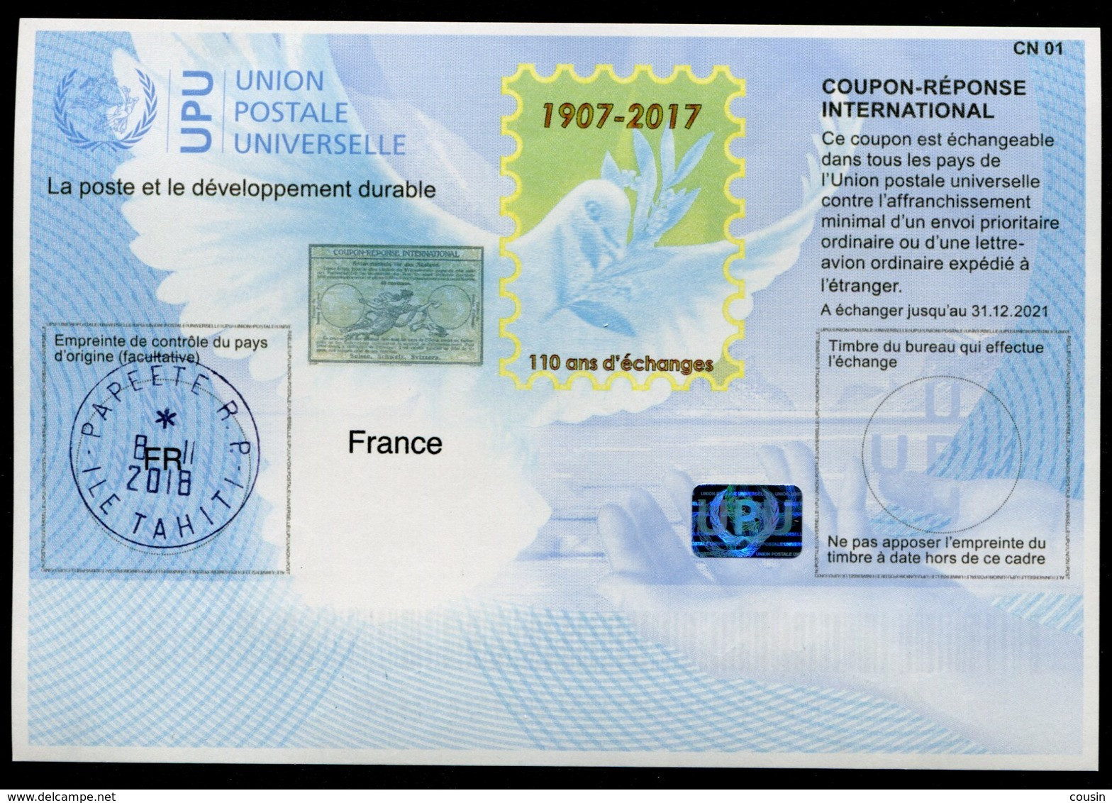 POLYNÉSIE FRANÇAISE  110 ANS !  Coupon Réponse International / International Reply Coupon - Postal Stationery