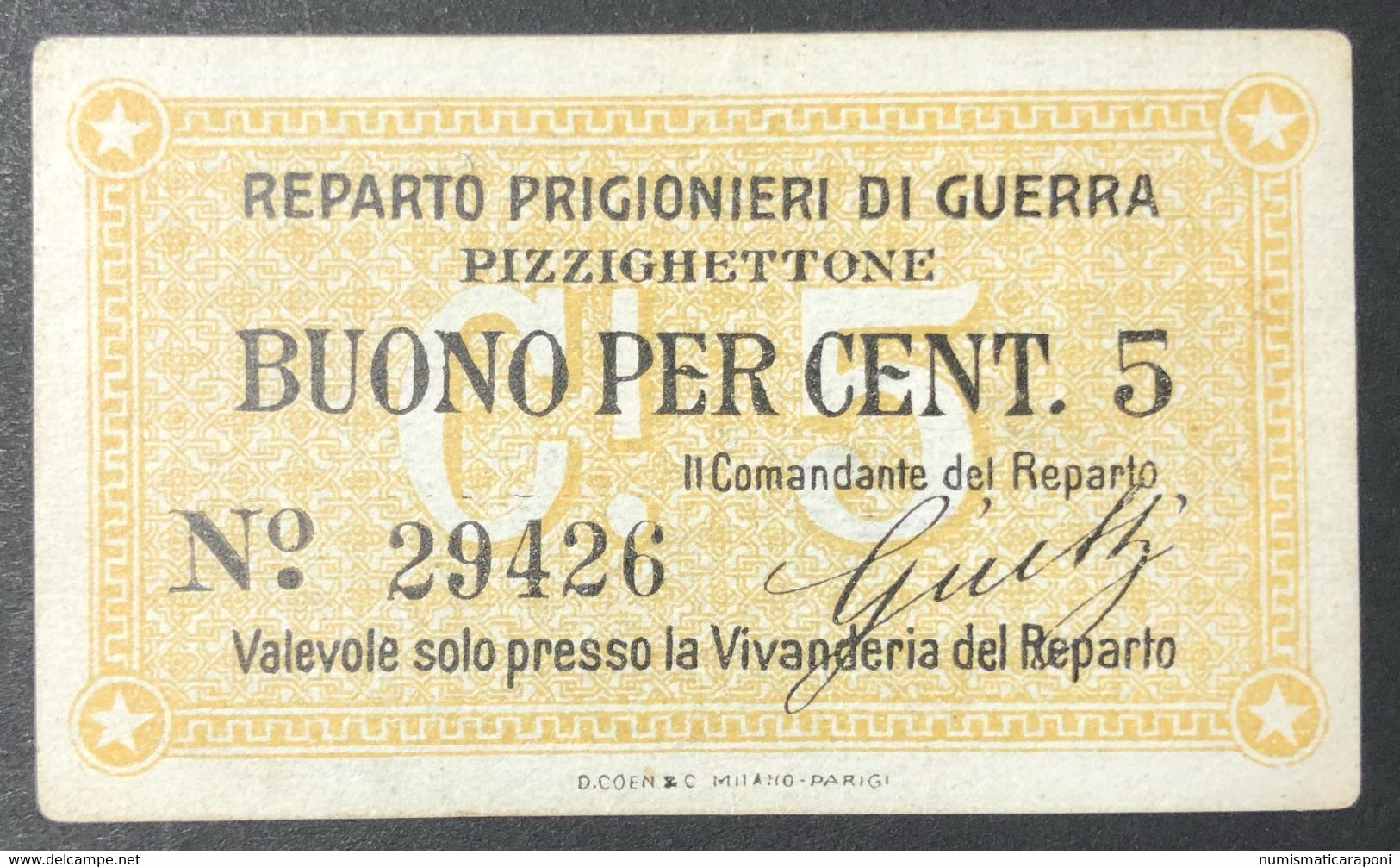 5 CENTESIMI REPARTO PRIGIONIERI DI GUERRA PIZZIGHETTONE WWI 1914/1918 Lotto.1305 - Otros & Sin Clasificación