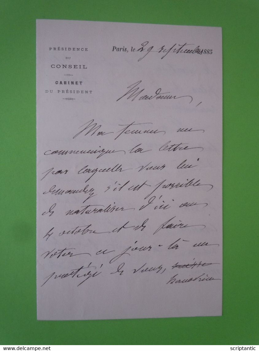 Lettre Autographe Henri BRISSON (1835-1912) Homme D'Etat - PRESIDENT Du CONSEIL - Politiques & Militaires