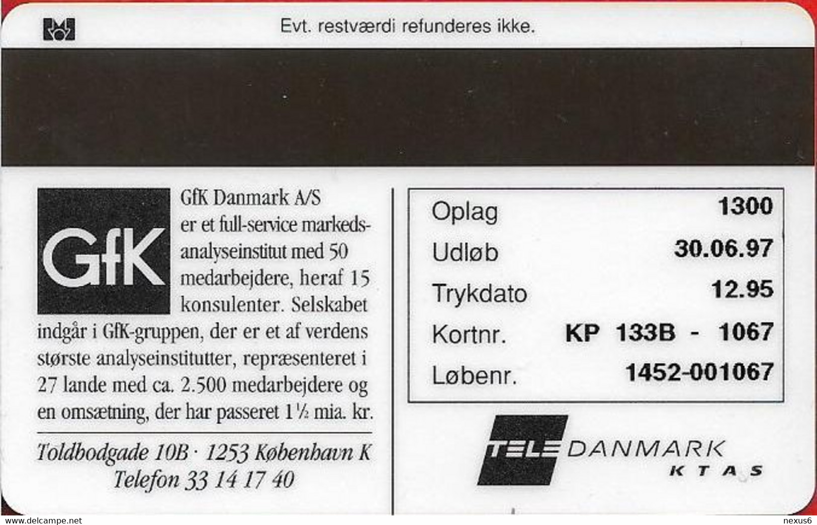 Denmark - KTAS - Gfk Danmark - TDKP133B (Cn. 1452) - 12.1995, 1.300ex, 10kr, Used - Dinamarca