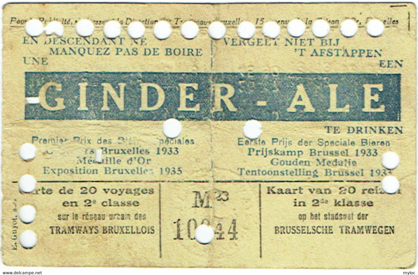 Tramways Bruxellois. Carte 20 Voyages En 2e Classe. Publicité GINDER-ALE. 1937. - Europe