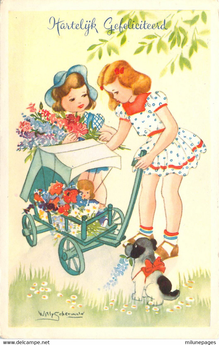 Fillettes Jouant à La Poupée Au Chariot Fleuri Et Petit Chien Illustration De Willy SCHERMELE - Schermele, Willy