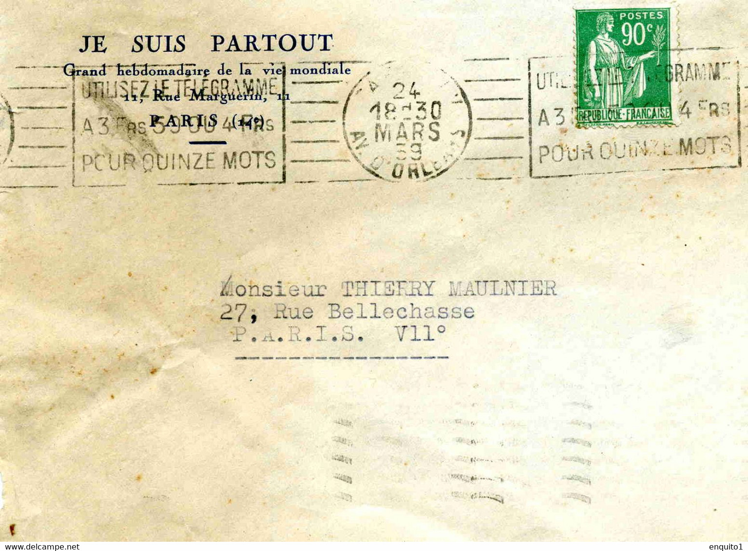 PAIX 90c. Vert N° 367 Seul Sur Lettre De Paris Av. D'Orléans Pour Paris 7°. 1° échelon De 0 à 20 Grs- 24 Mars 1939 - 1921-1960: Periodo Moderno