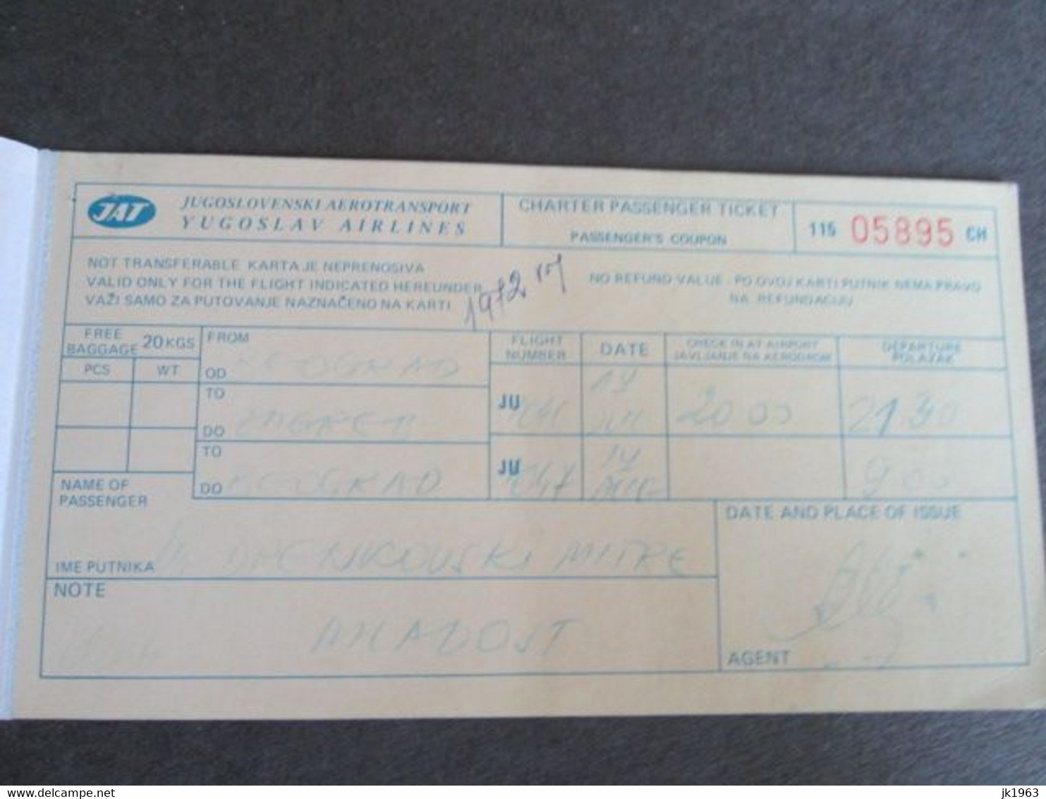 JAT,   PASSENGER TICKET, 1972 - Mundo