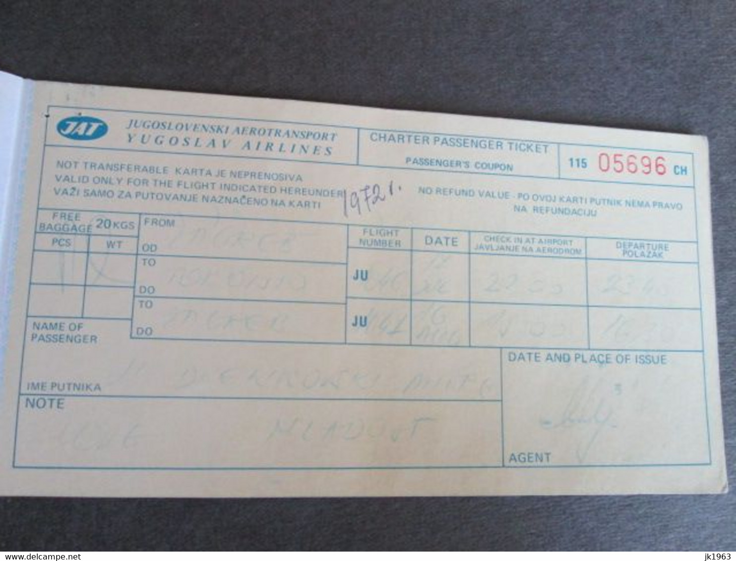 JAT,   PASSENGER TICKET, 1972 - Wereld