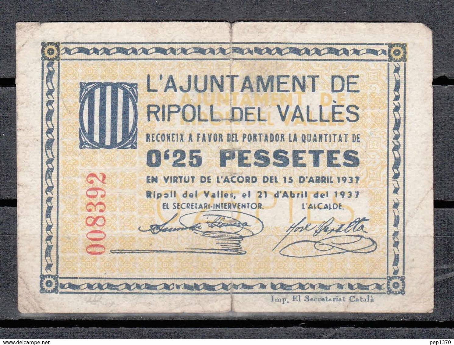 BILLETE DE RIPOLL DEL VALLES DE 0,25 PESETAS DE 1937 - Otros & Sin Clasificación