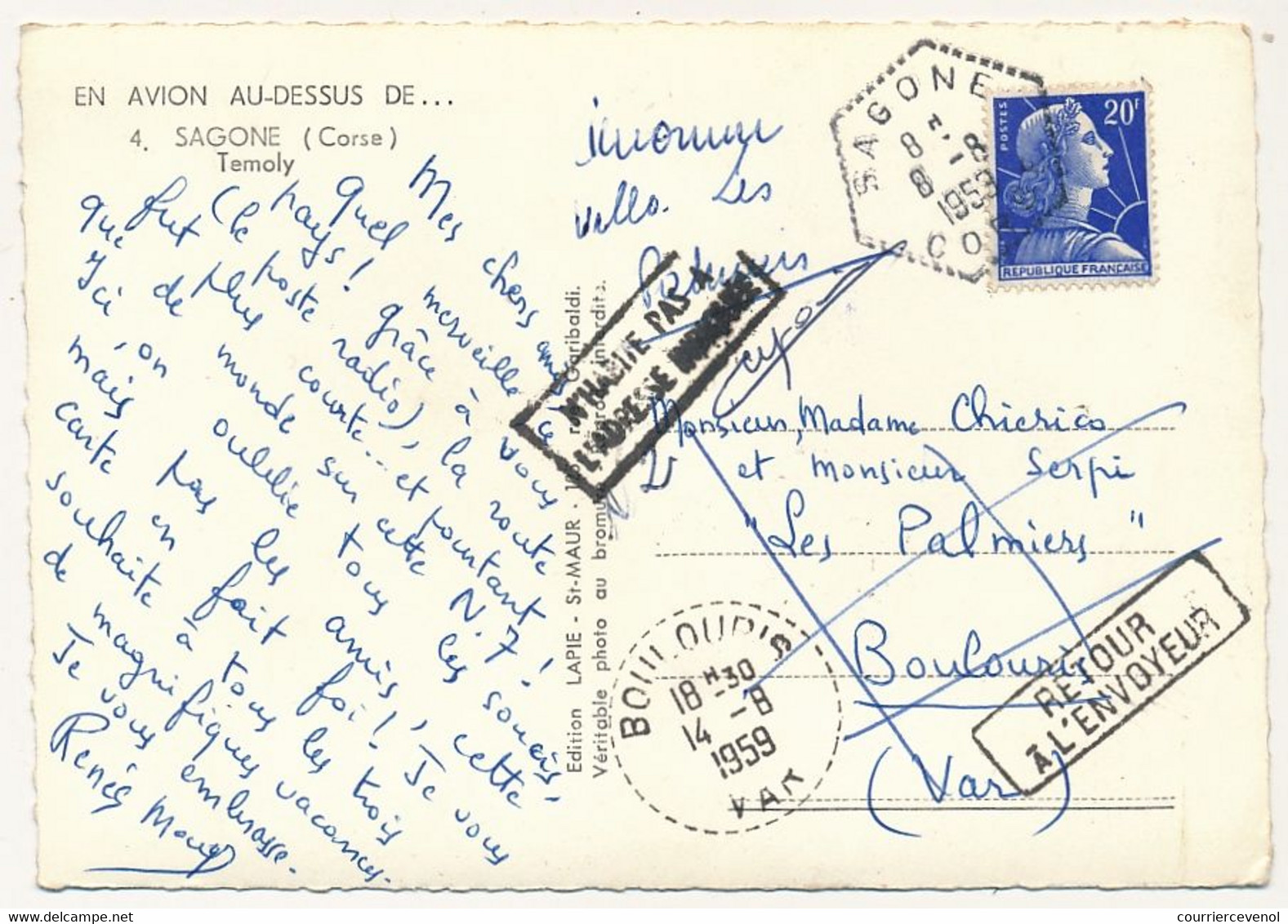 FRANCE - 20F Muller Sur CPM, Obl Hexagonale Tiretée "SAGONE / CORSE" 8/8/1959 + Tireté "BOULOURIS/ VAR 14/8/1959 - Manual Postmarks