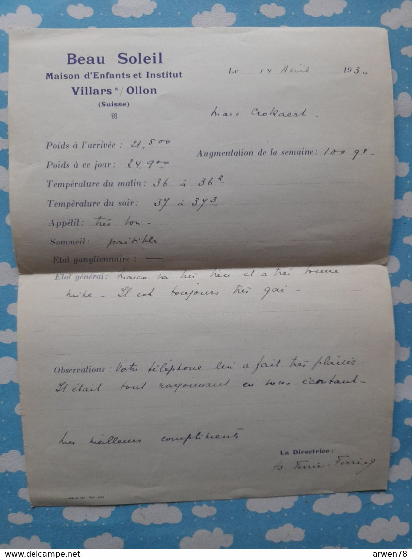 Maison D'enfants Et Institut Beau Soleil Villars Ollon Suisse Lettres De La Directrice Au Parents D'un Pensionnaire 1930 - Zonder Classificatie