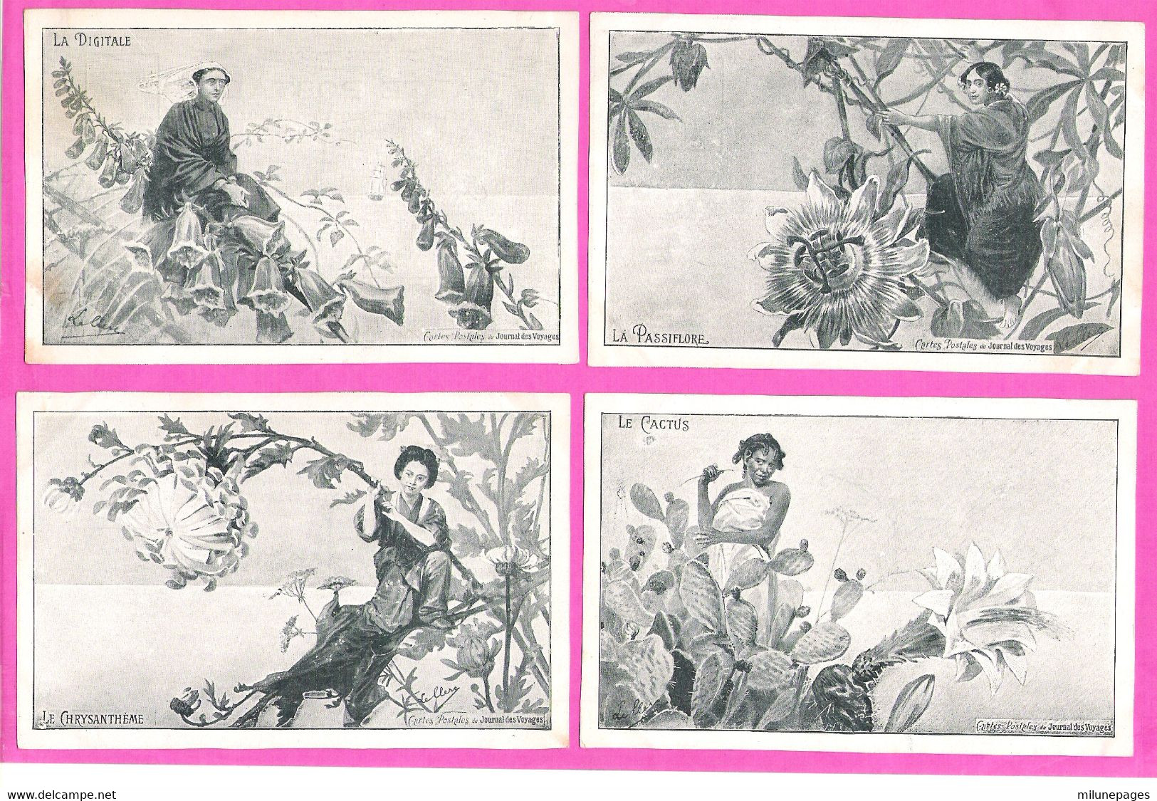 Lot 8 Cartes Postales Illustrées Par Leclerc Offertes Par Le Journal Des Voyages Animaux Fleurs Jeunes Femmes - Leclerc