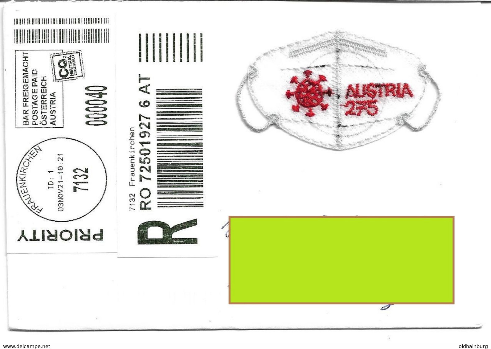 3186v: Österreich 2021, Reko Corona- Bzw. Covid- Maske Gest. 7132 Frauenkirchen Kleiner Postpartner Portogerecht - Cartas & Documentos