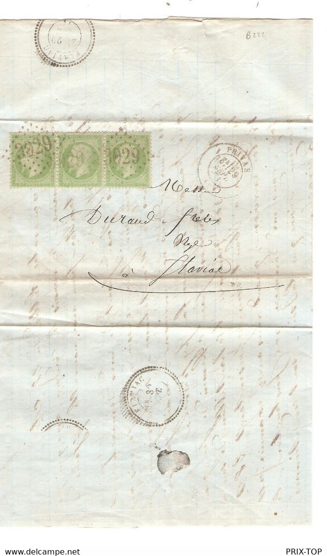 France TP 20A (Bande De 3) S/LAC De Privias (Ardèche) 29/9/1871 1er Mois Nouveau Tarif > Flaviac C. D'arrivées Pointillé - 1849-1876: Periodo Classico