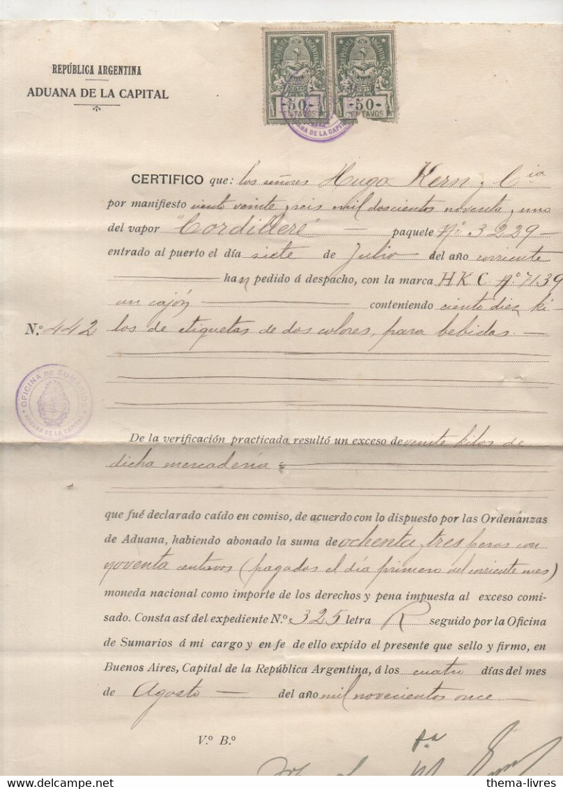 Buenos-aires  (Argentina) Connaissement 1911. Avec 2 Timbres Fiscaux  50c (M2860) - Buenos Aires (1858-1864)
