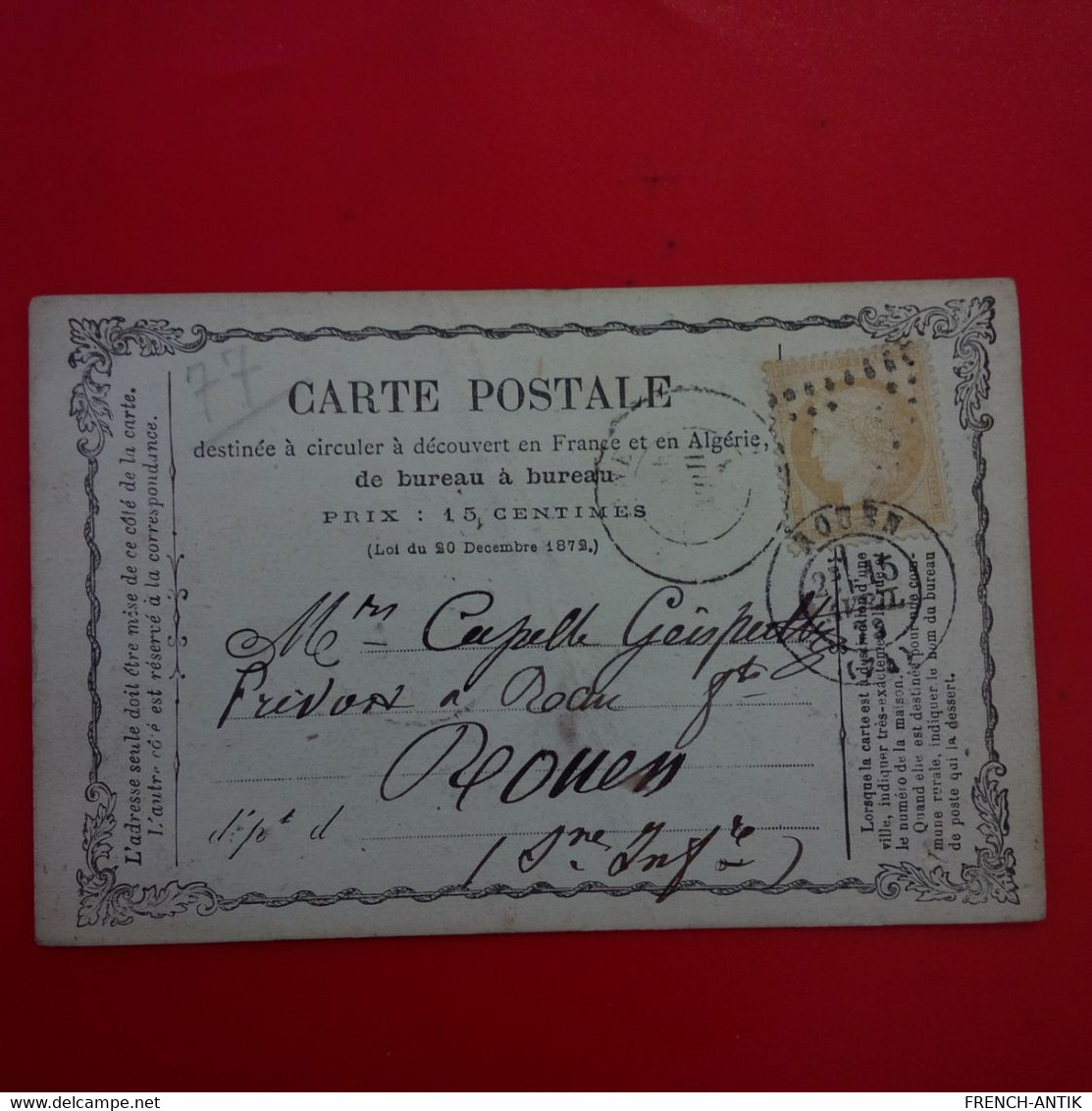 CARTE POSTALE TIMBRE BISTRE 1873 ROUEN CACHET  PARIS AU HAVRE - 1871-1875 Cérès