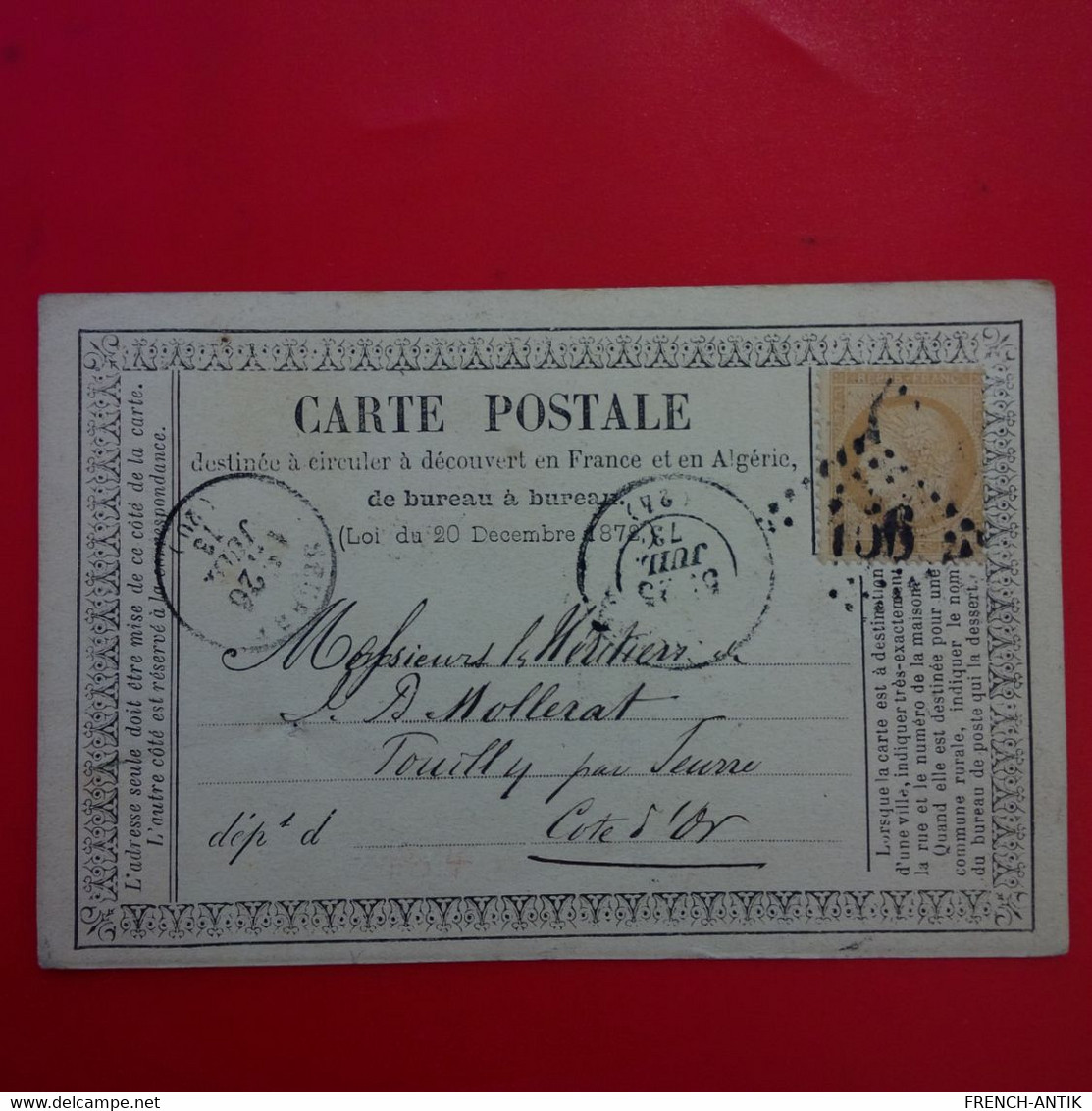 CARTE POSTALE TIMBRE BISTRE 1873 MULHOUSE POUR COTE D OR CACHET GROS CHIFFRE - 1871-1875 Ceres
